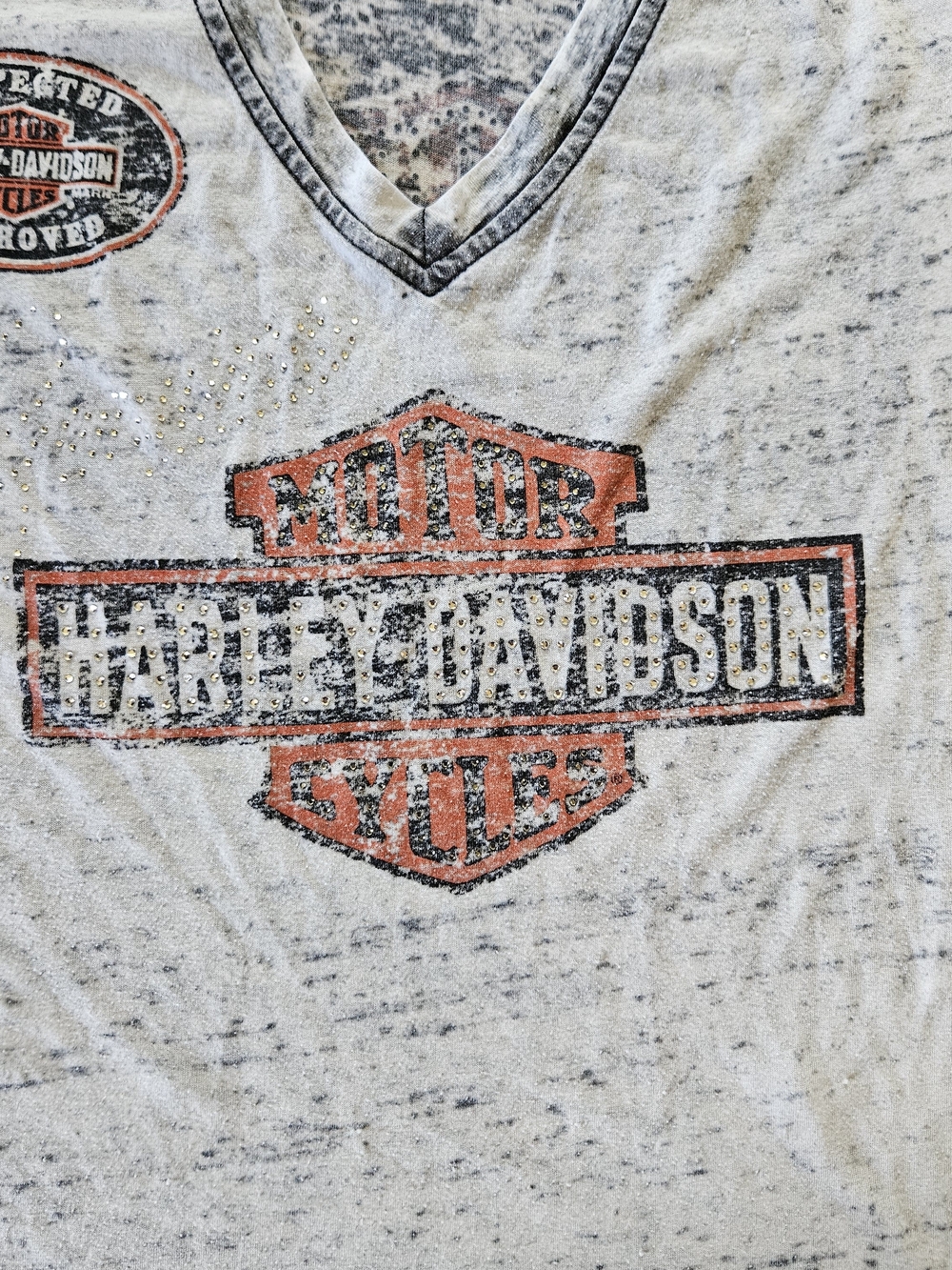 Harley-Davidson Burnout Bedazzled V-Neck Graphic Tee Gray/Orange Size XL - Picture 6 of 8